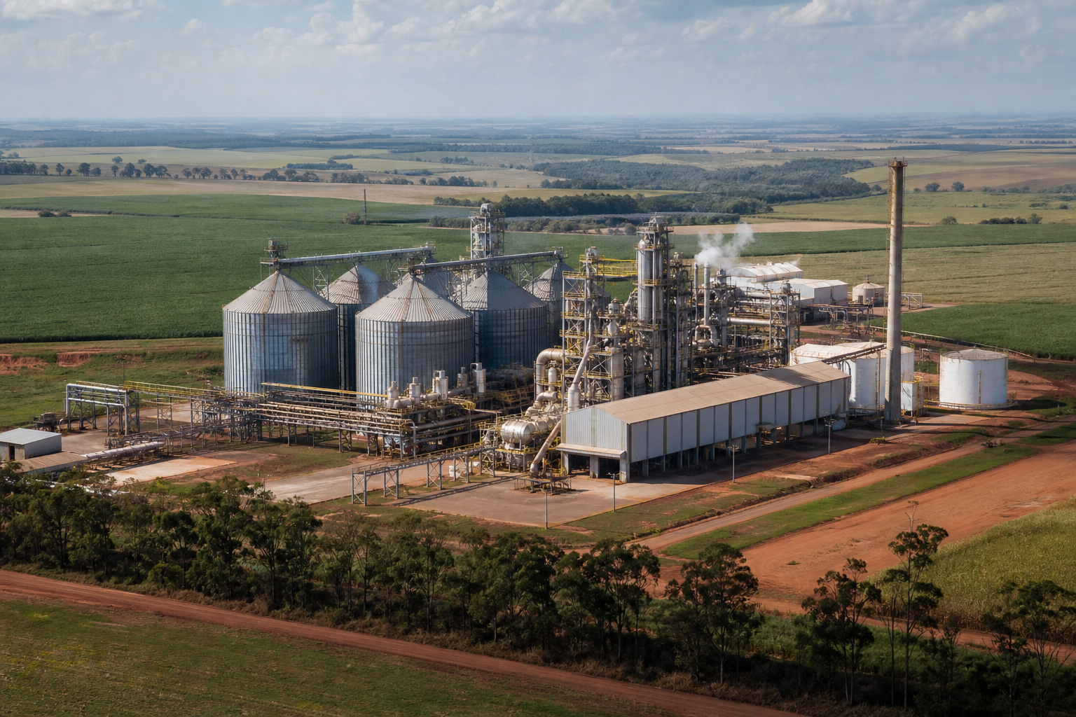 Complexo industrial de produção de etanol de cereais em área rural de Minas Gerais, sem textos ou logotipos visíveis