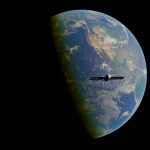 Ilustração digital de um satélite orbitando a Terra vista do espaço.