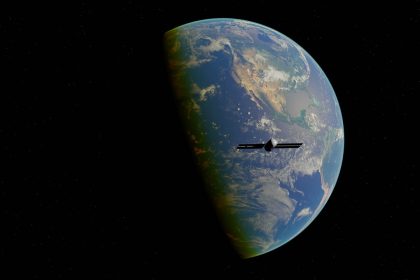 Ilustração digital de um satélite orbitando a Terra vista do espaço.