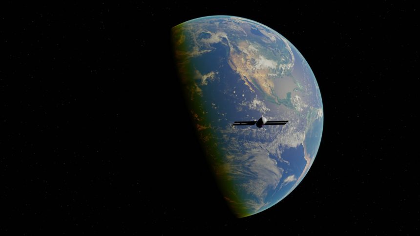 Ilustração digital de um satélite orbitando a Terra vista do espaço.